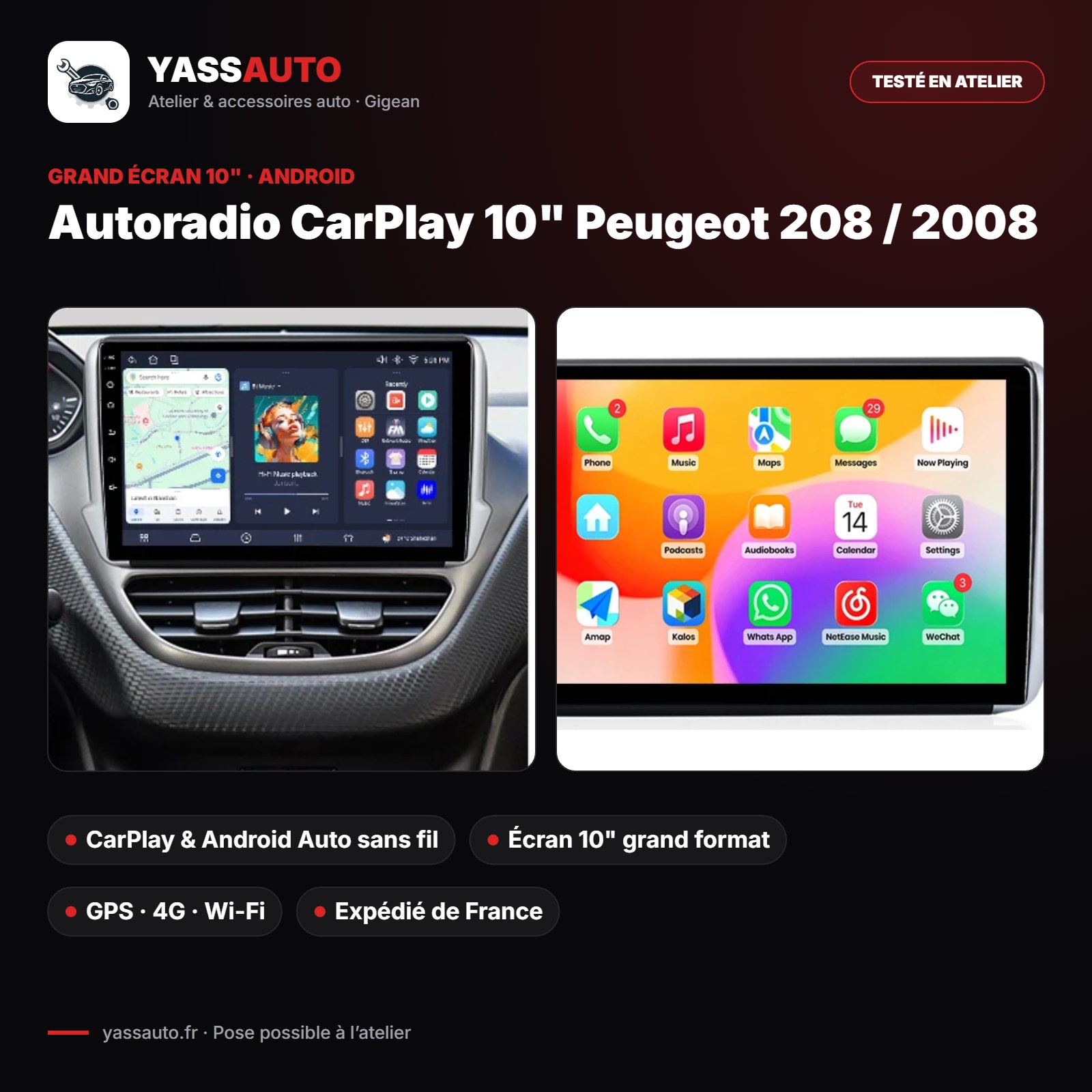 Autoradio CarPlay 10" Peugeot 208 / 2008