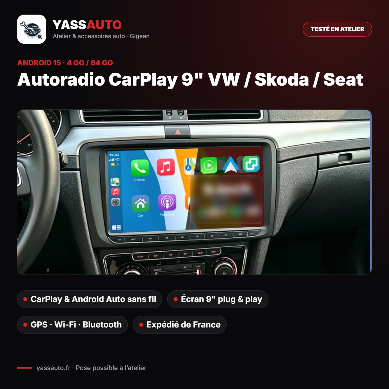 Autoradio CarPlay 9" VW / Skoda / Seat