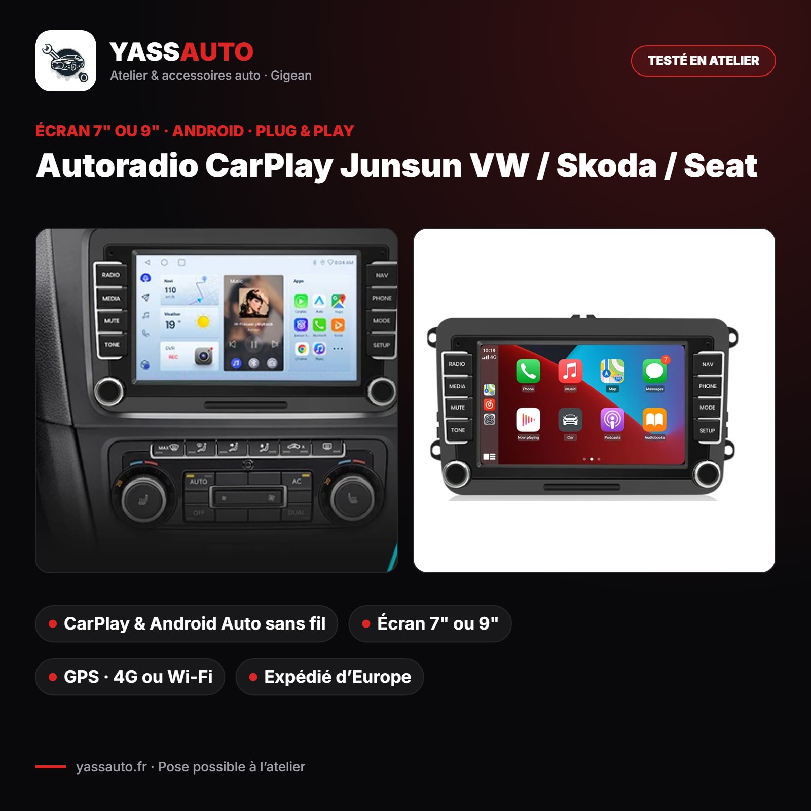 Autoradio CarPlay Junsun VW / Skoda / Seat