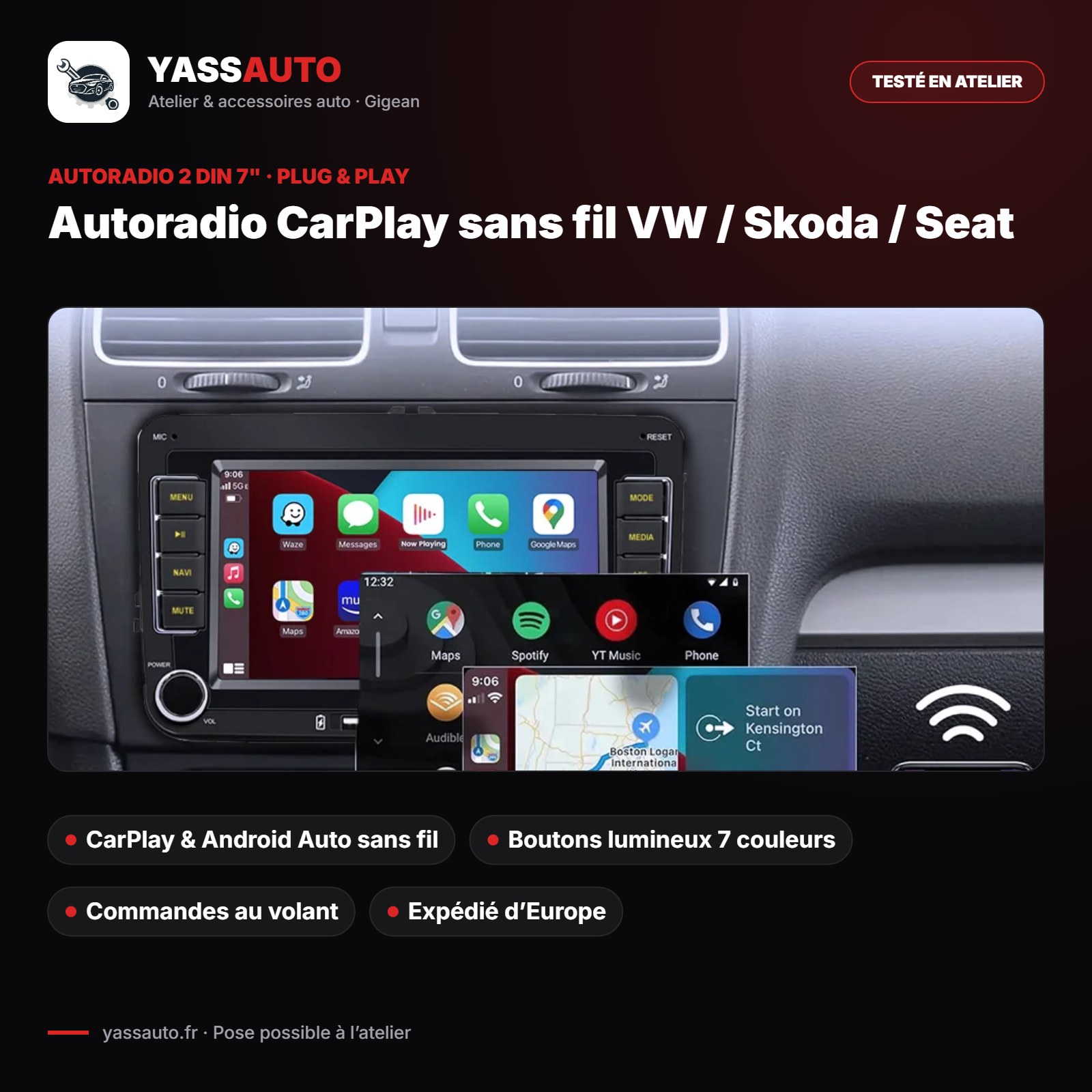 Autoradio CarPlay sans fil VW / Skoda / Seat
