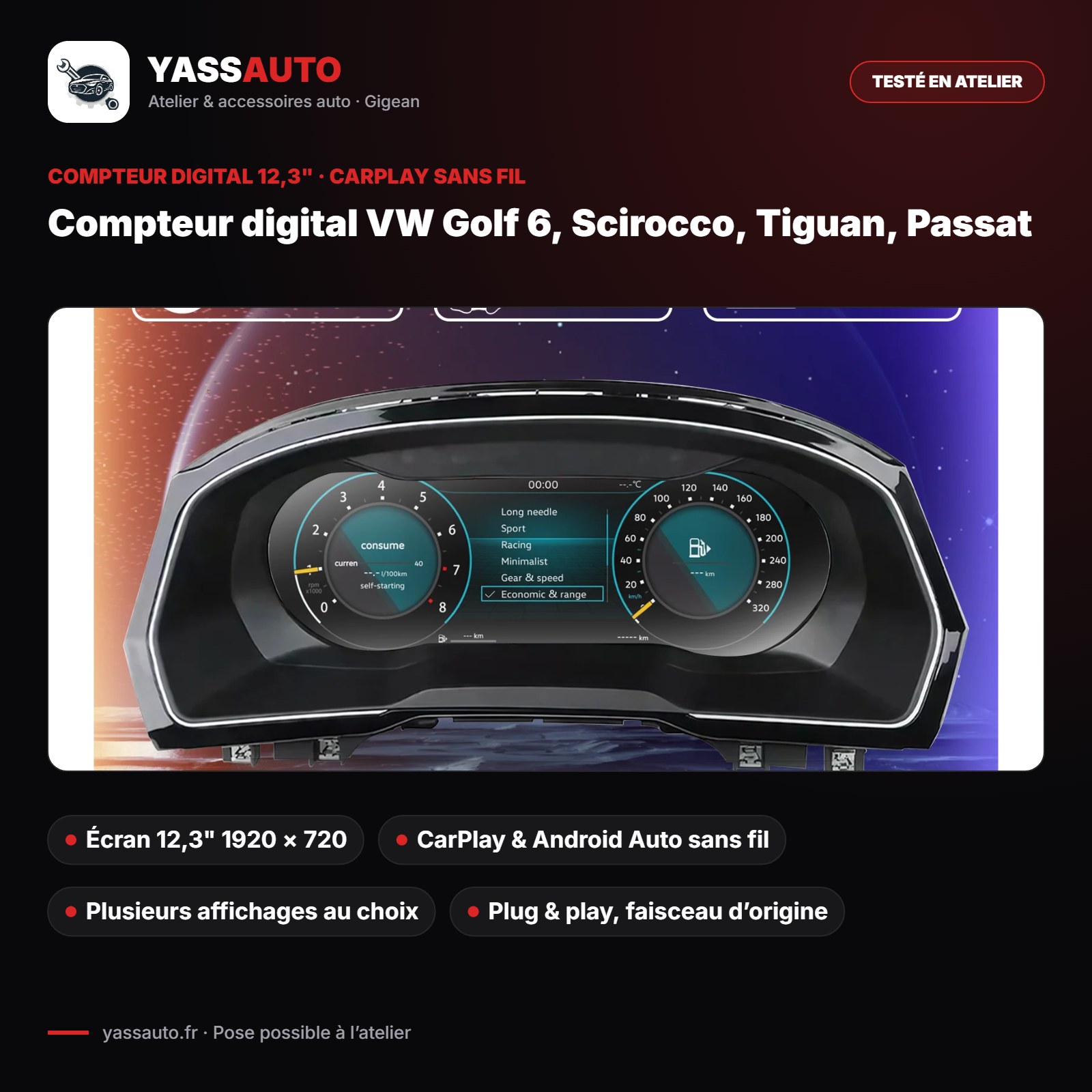 Compteur digital VW Golf 6, Scirocco, Tiguan, Passat