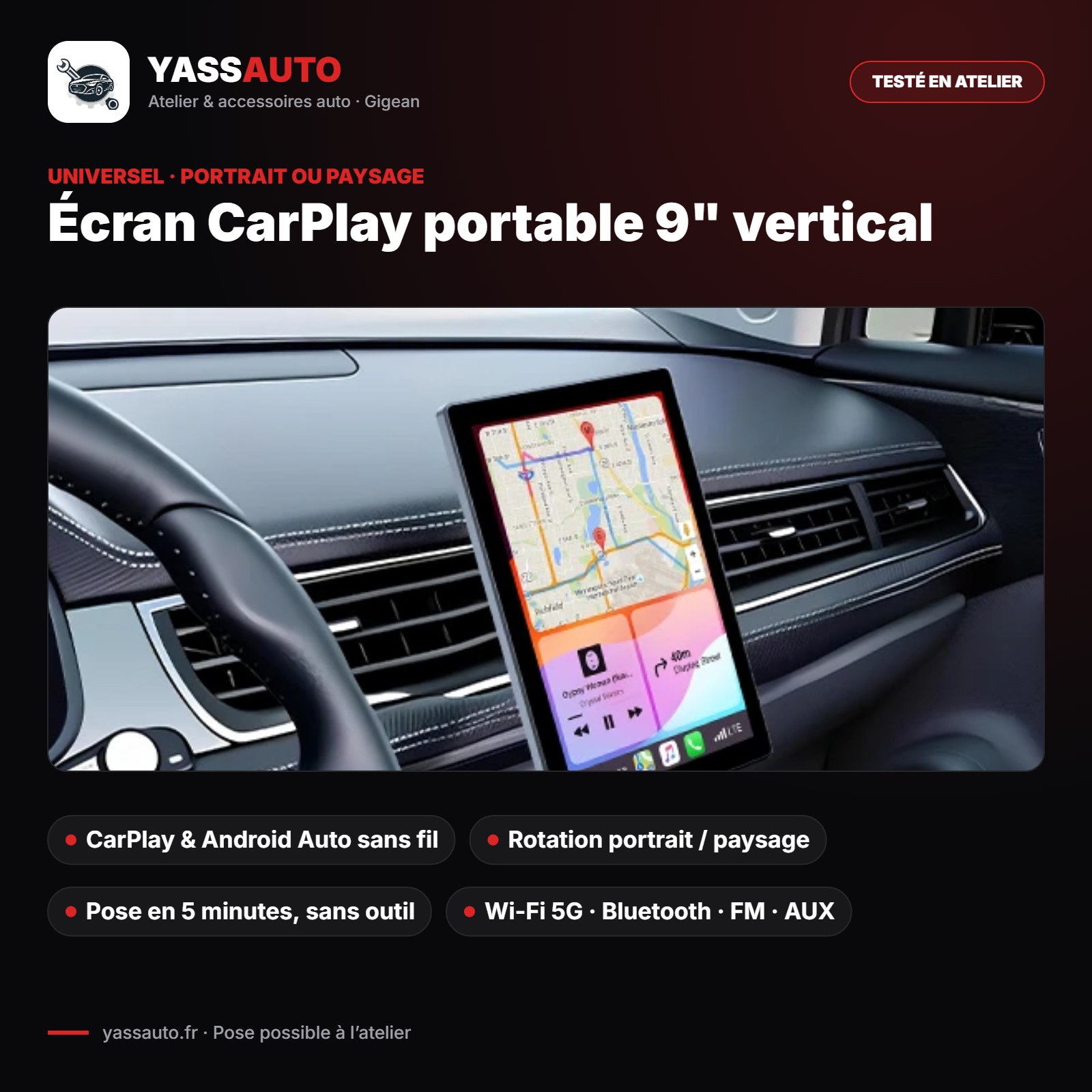 Écran CarPlay portable 9" vertical