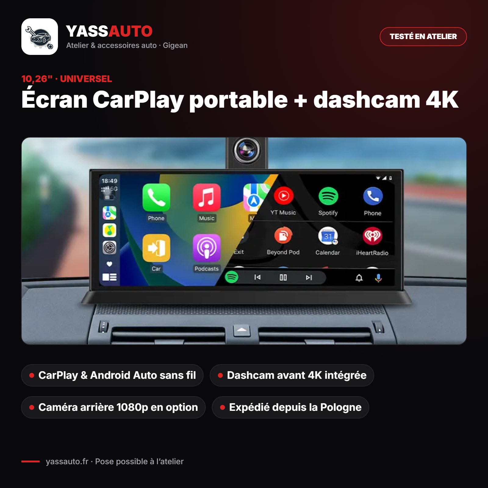 Écran CarPlay portable + dashcam 4K